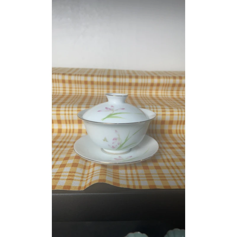 高端冰种玉瓷三才泡茶盖碗兰花草轻奢盖碗0140