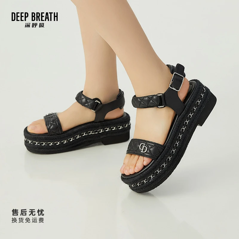 DEEP BREATH深呼吸女鞋新款百搭菱格小香链条凉鞋AX14104