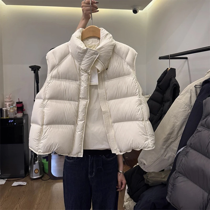 欧货立领白色棉服马甲女冬季宽松叠穿短款无袖马夹外穿坎肩外套潮