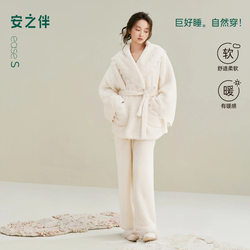 安之伴【巨保暖】双面安蕊绒睡衣女冬季系带保暖加厚浴袍家居服套装