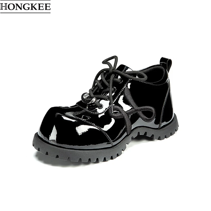 HONGKEE/红科25新秋圆头厚底单鞋黑色系带时尚休闲增高鞋H805D316