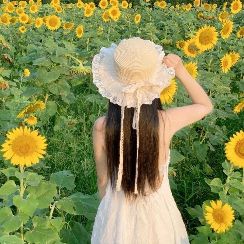 蝴蝶结女遮阳帽蕾丝草帽森系帽子小清新甜美日系夏季
