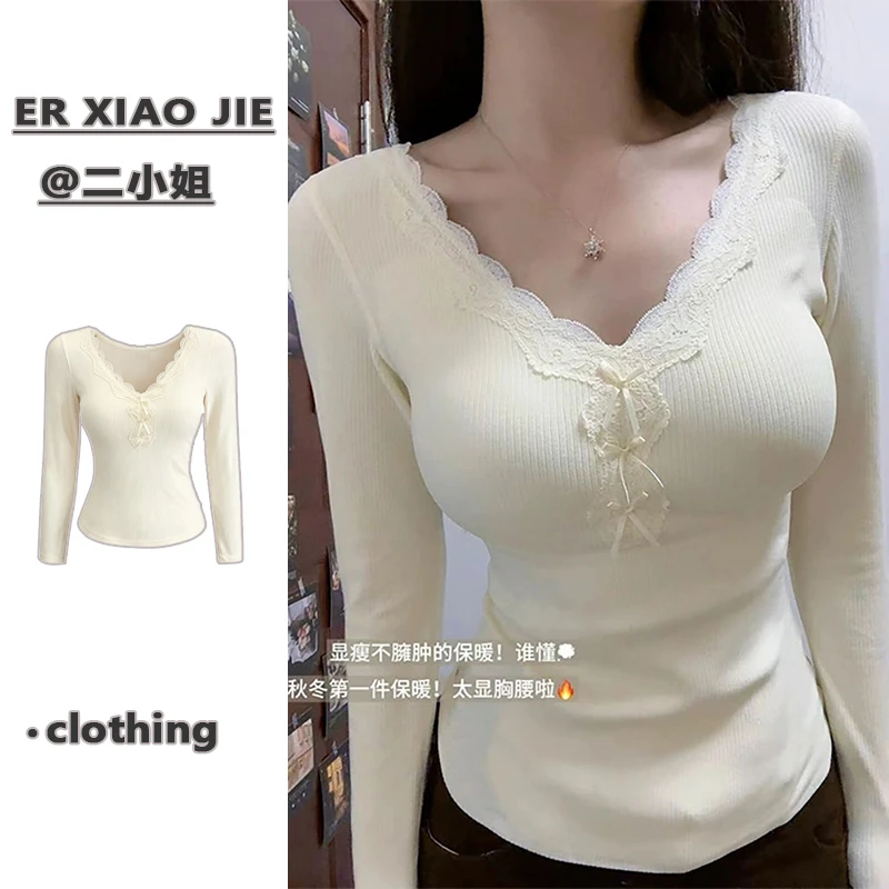 带胸垫v领蕾丝打底衫女加绒加厚设计感秋冬季修身显瘦德绒长袖t恤