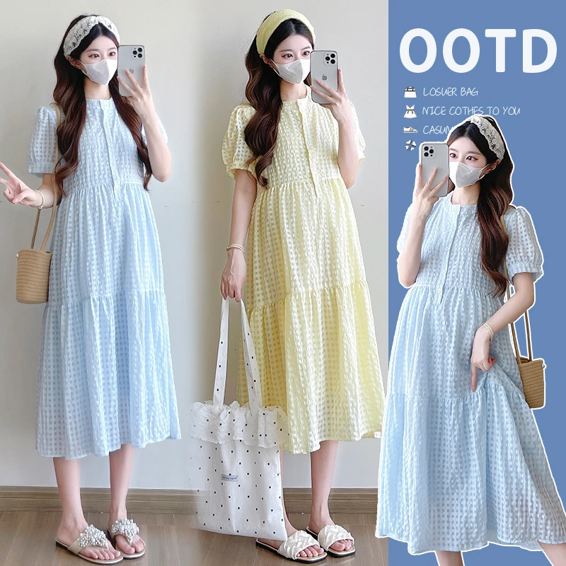 孕妇装新款2025夏季甜美宽松显瘦韩系格纹短袖可哺乳连衣裙孕妇裙