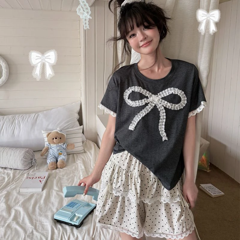 韩系洋气新款夏季短袖短裤套装蝴蝶结波点少女高级感可外穿套装