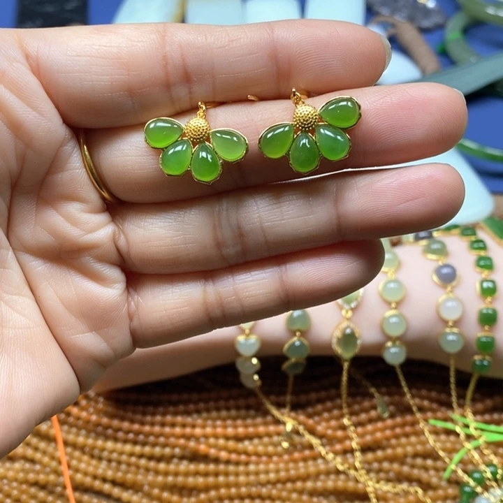 和田玉（碧玉）耳饰银S925镀金镶嵌