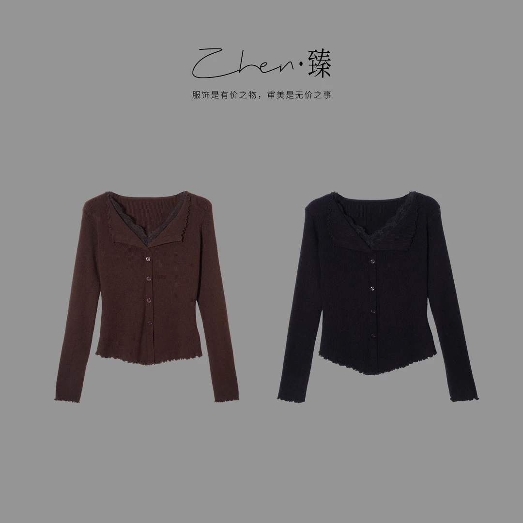 ZHEN.臻  老钱V领睫毛蕾丝翻边设计师感羊毛针织长袖开衫SY9033Z