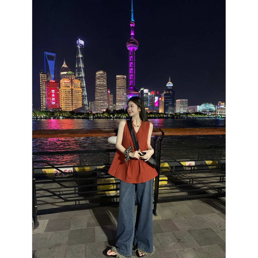 陳文文xenl【流苏长腿】夏季薄款百搭直筒宽松显瘦流苏牛仔裤女7084