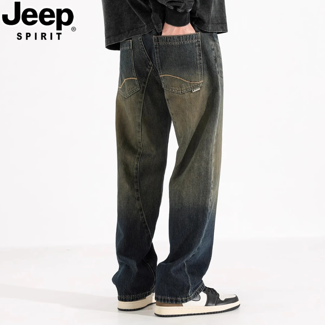 JEEPSPIRIT吉普复古黄泥染直筒牛仔裤男款vintage水洗休闲长裤子