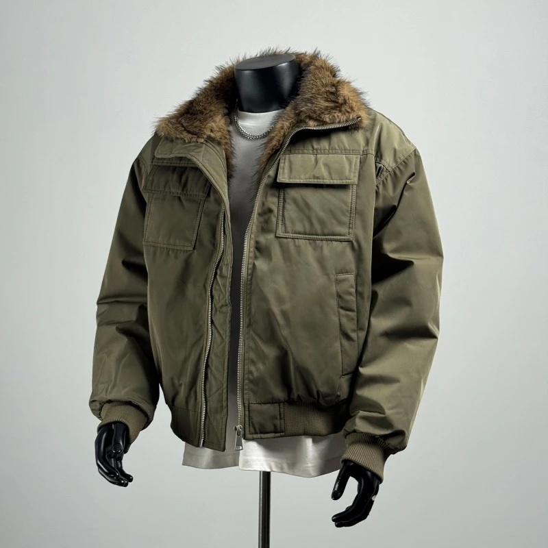 CATIA SELI2025冬季多口袋加厚毛领工装棉服男士加厚白鸭绒外套