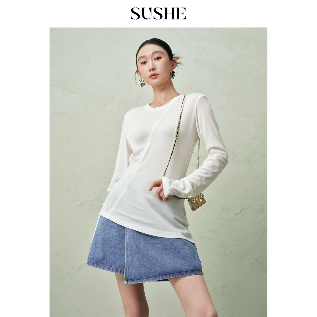 束皙SUSHE 袅袅 流动哲学微透莱赛尔斜裁三色打底T恤长袖上衣女春