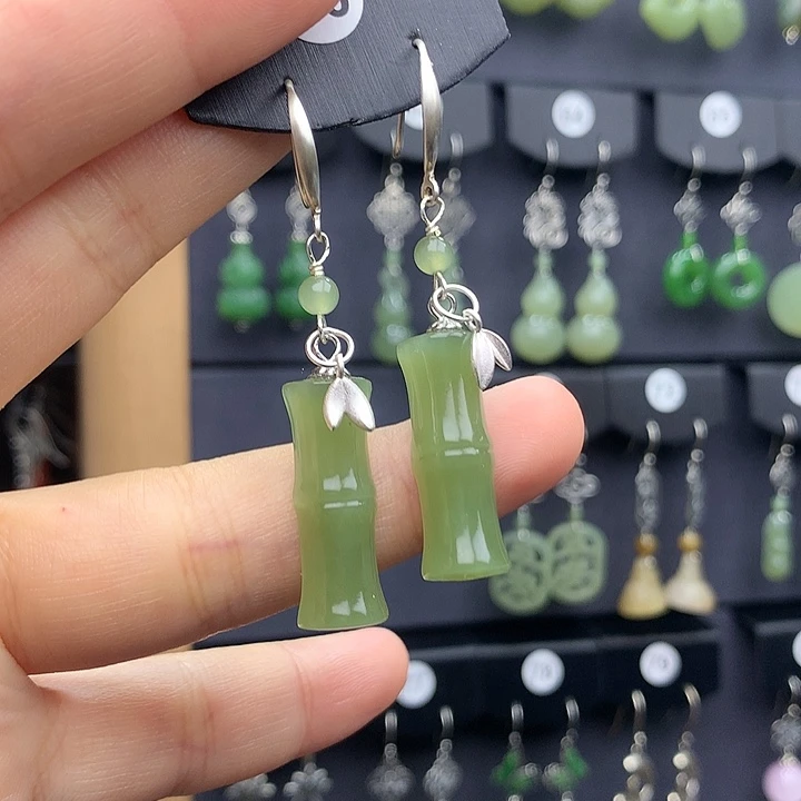 和田玉耳饰银S925镶嵌朝****苑