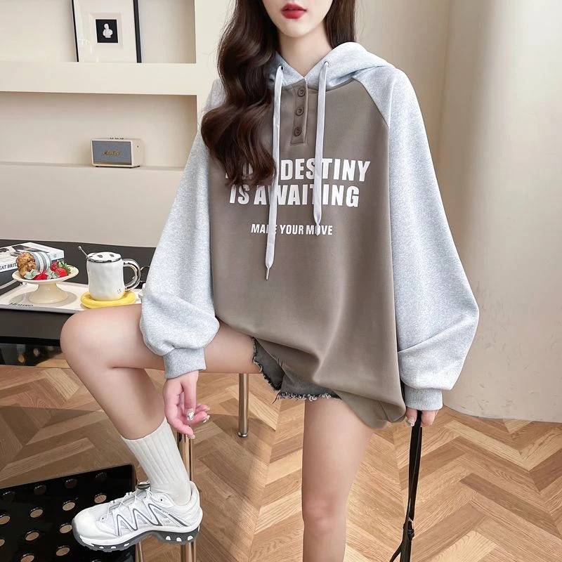 大码女装300斤撞色拼接连帽卫衣女春秋薄款休闲宽松韩版显瘦上衣