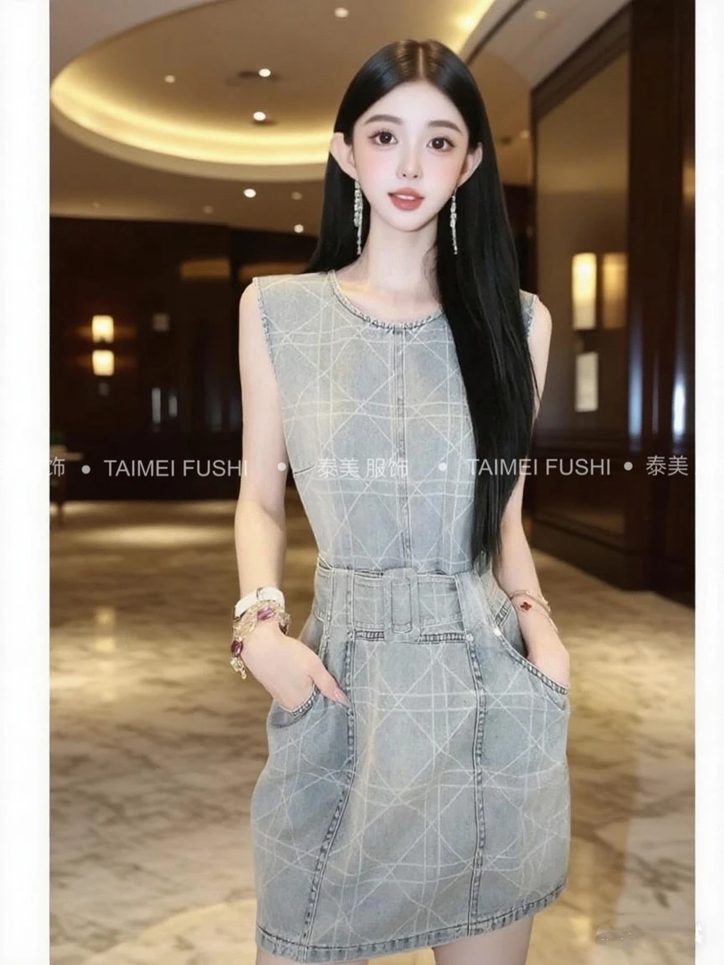 欧洲站2025夏季时尚休闲无袖水洗牛仔背心裙气质复古显瘦网红短裙