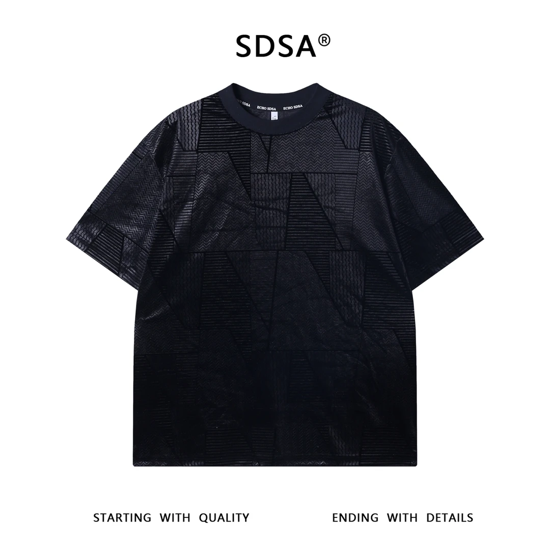 夏季高级感新款美式潮牌提花线条圆领短袖T恤显瘦百搭套头上衣