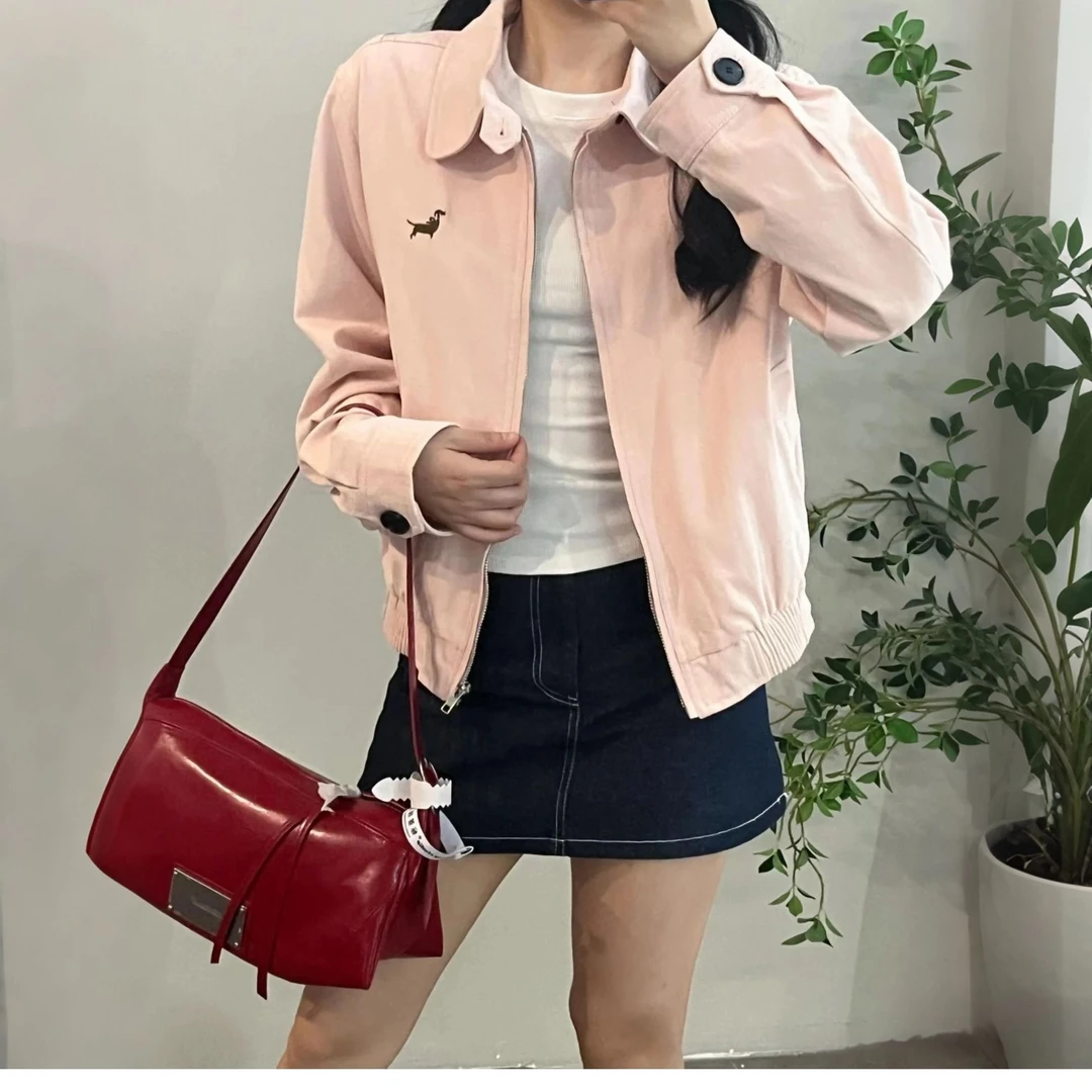 粉色腊肠狗翻领宽松短外套女秋季2025新款韩系甜美风工装夹克上衣