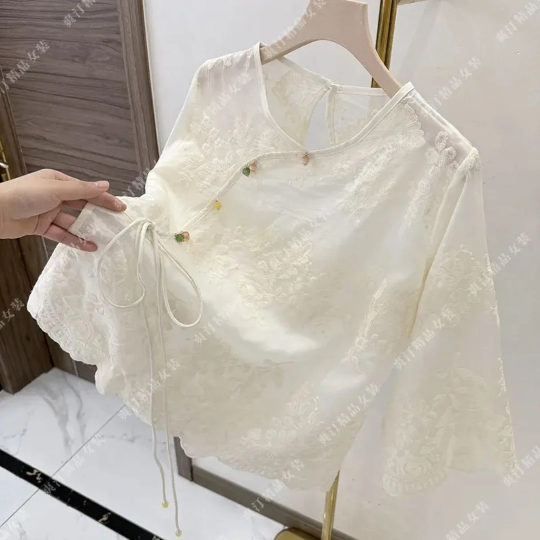 提花钉珠新中式小衫2025夏季新品国风斜襟开衫薄款外套