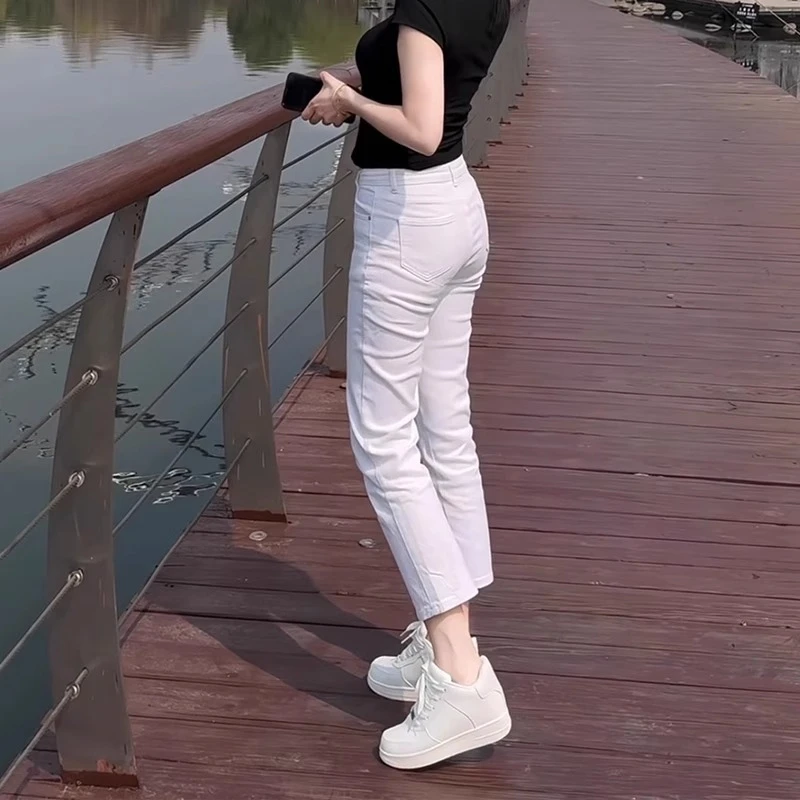 雪千羽白色直筒牛仔裤女夏季薄2025小个子新款高腰九分烟管法棍裤