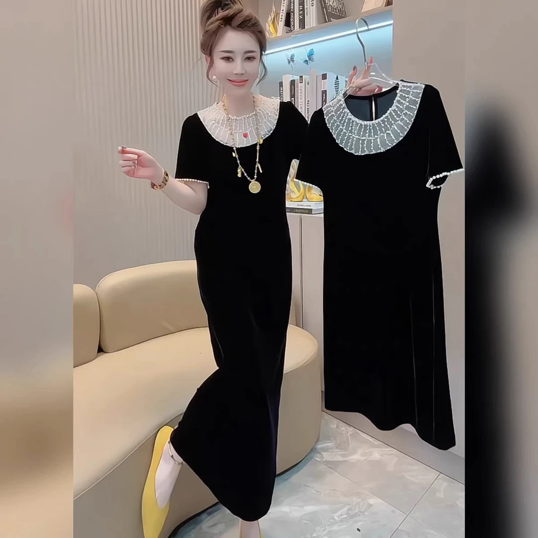 夏季新款时尚气质休闲宽松显瘦重工钉珠丝绒短袖连衣裙女