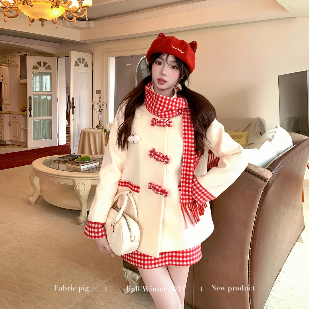 糖果甜心 织物猪原创 冬季氛围感糖果撞色拼接呢子外套半裙两件套