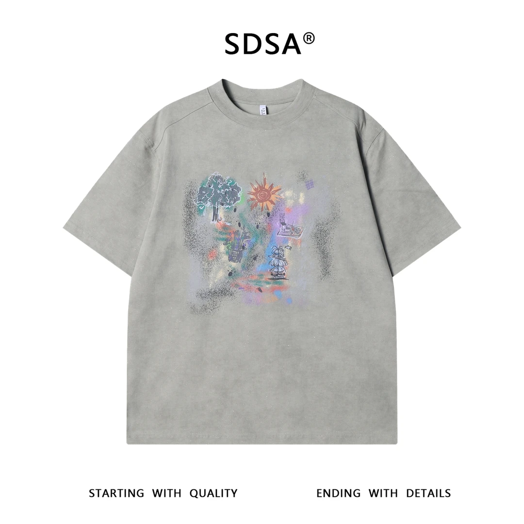 夏季高级感新款复古满天星公园日记印花短袖T恤百搭宽松圆领上衣