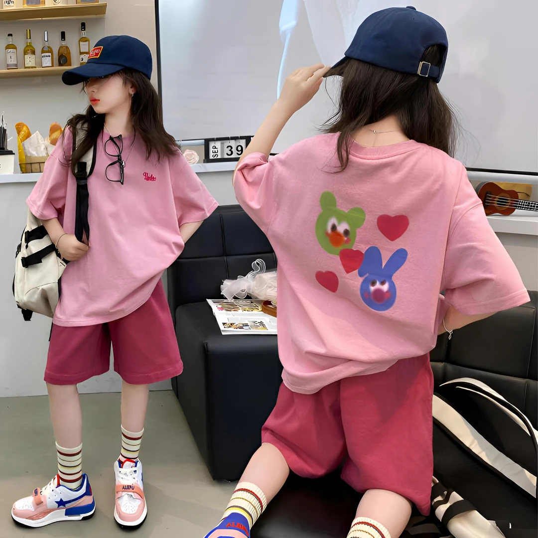 女童夏季套装2025新款洋气女大童宽松短袖t恤夏装儿童短裤两件套