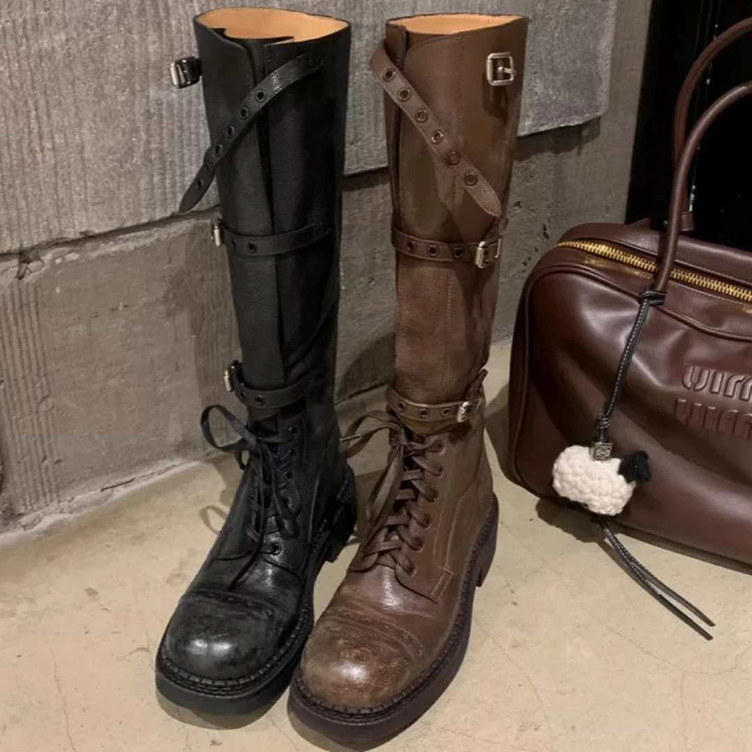 新款长靴复古绑带靴子英伦风显瘦骑士靴厚底增高百搭高筒靴子