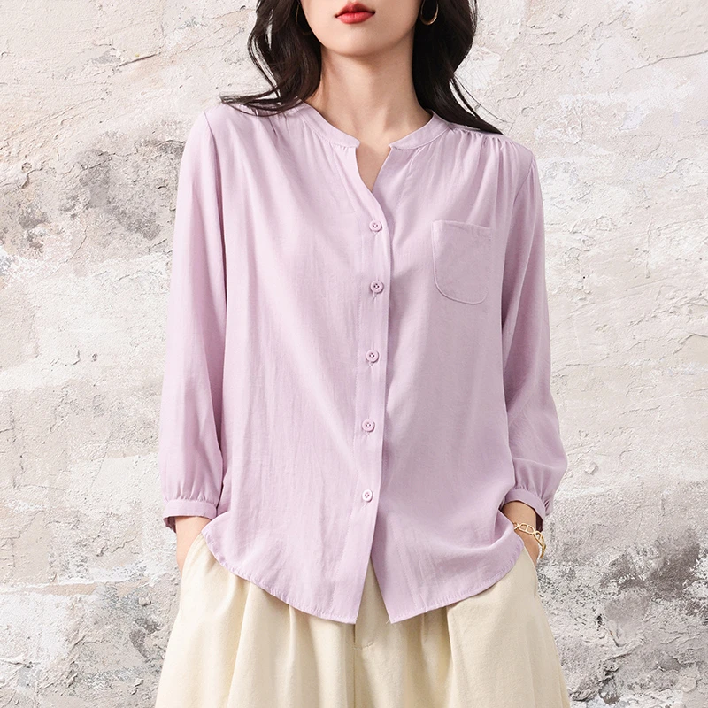 宽松女士小个子上班族大码女装春夏衣服V领长袖衬衣法式配套衬衫