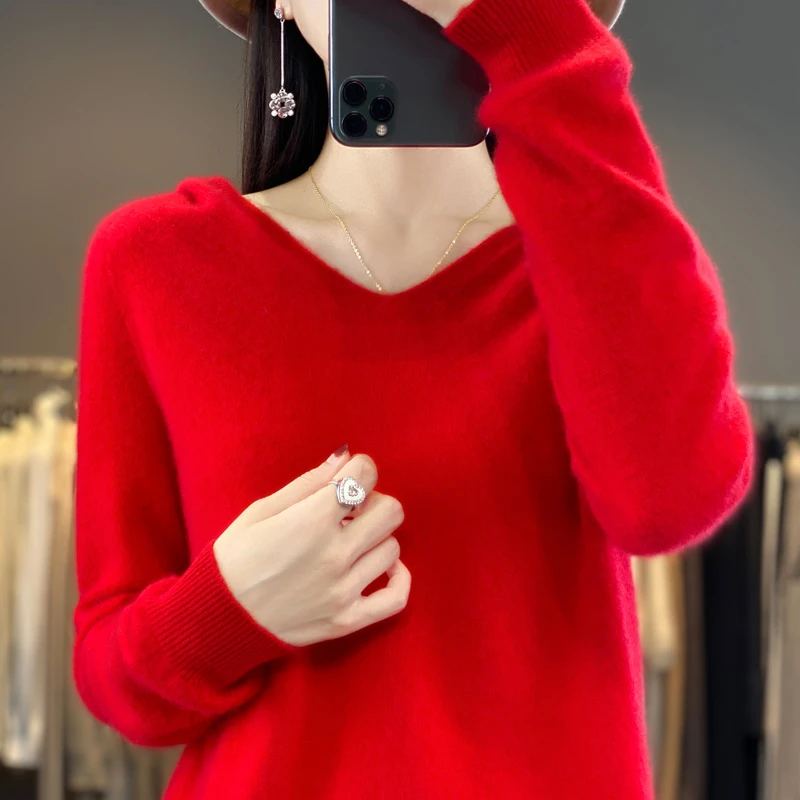 2025新款连帽100纯羊毛衫女V领带帽毛衣宽松卫衣羊绒针织打底帽衫