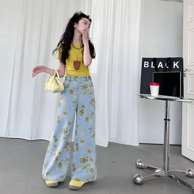 女童夏装套装2025新款儿童短袖碎花牛仔阔腿裤中大童小清新两件套