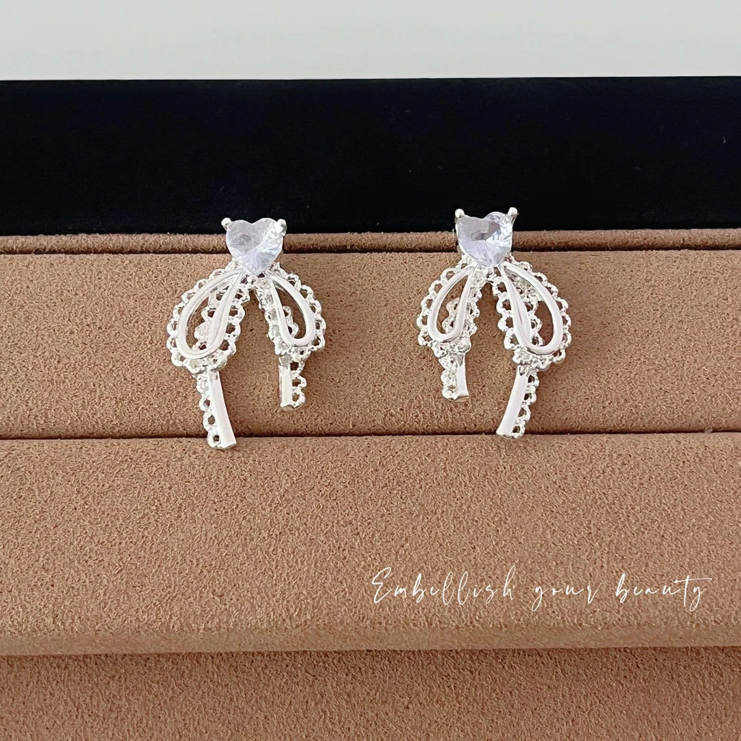 合金锆石耳饰 锆石蕾丝蝴蝶结耳环女2025新款温柔甜美气质耳环轻