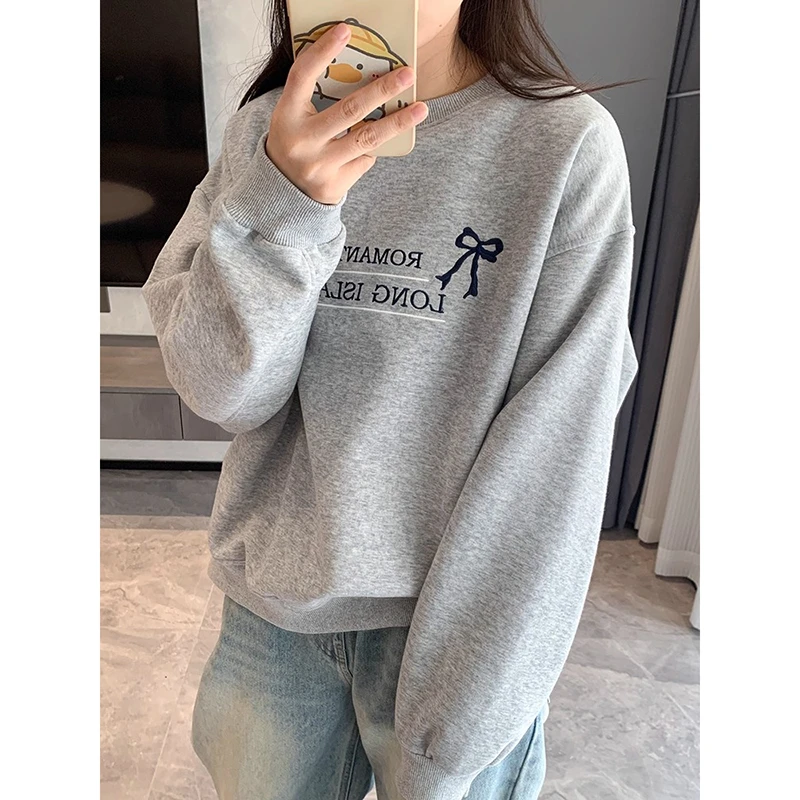 胖mm300斤灰色印花卫衣女2025新款春秋款薄款无帽圆领套头宽松ins