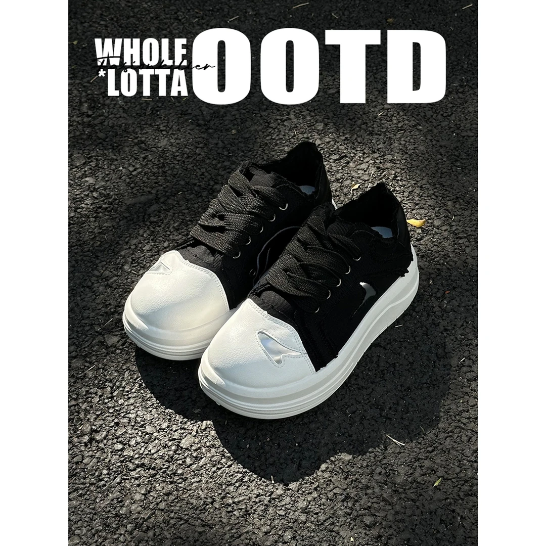 aoyo春季小众面包流苏大头鞋厚底增高潮流帆布鞋男女休闲百搭板鞋