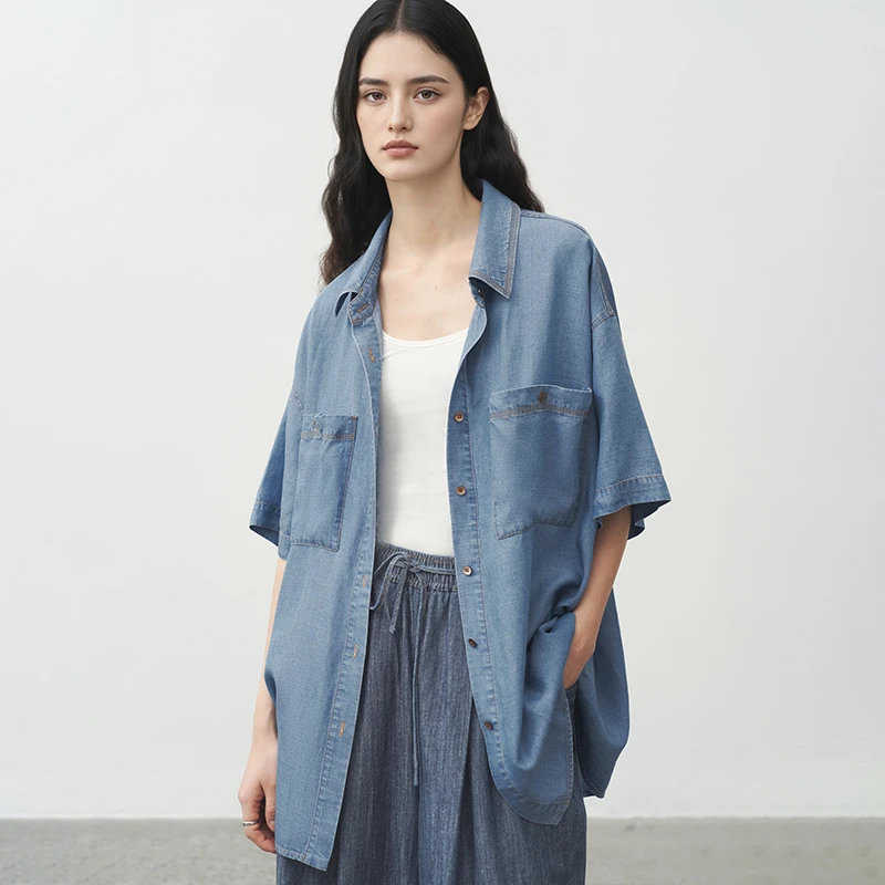 半圆天丝亚麻女装[文艺]2025夏季宽松休闲复古撞色衬衫女25231678