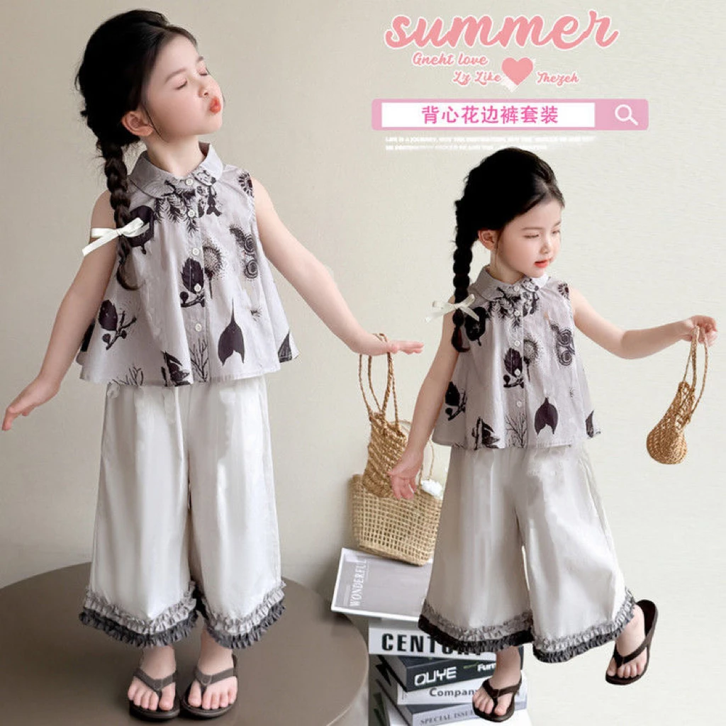 女童夏季国风套装新款洋气中小童休闲无袖衬衫阔腿裤两件套潮