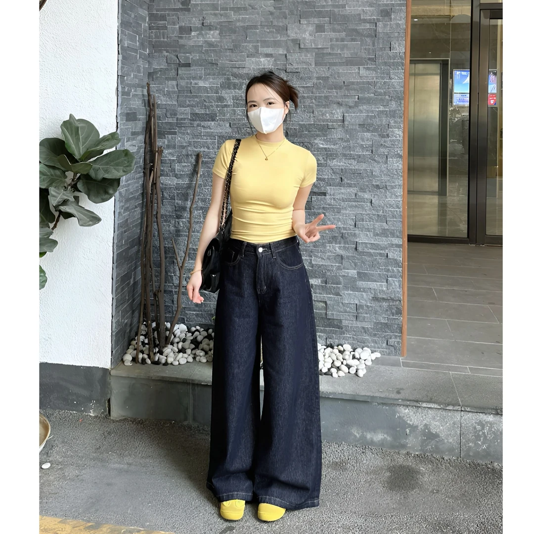 丹宁蓝高腰阔腿宽松显瘦拖地裤秋季牛仔裤直筒休闲时尚百搭