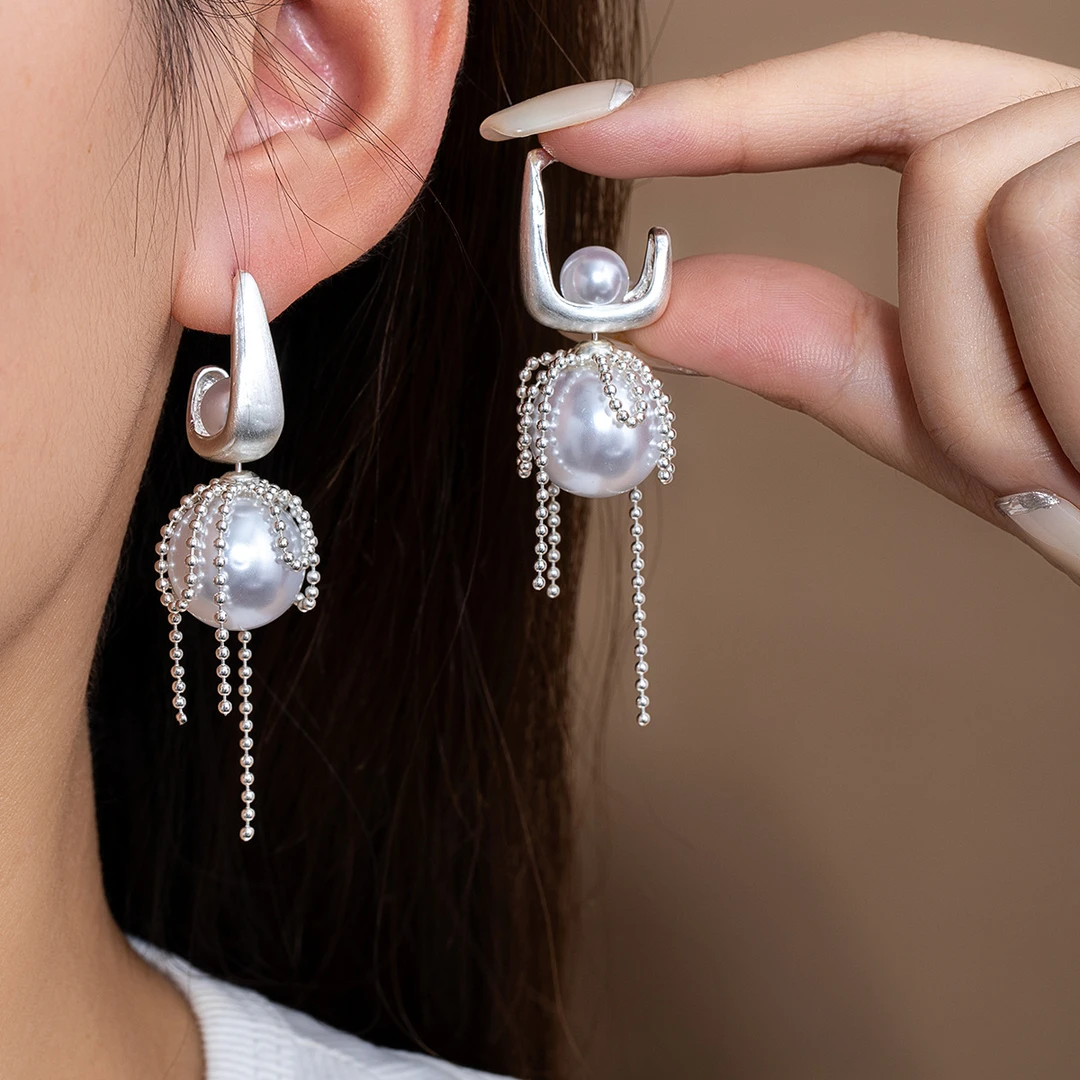 锌合金合成锆石耳饰 两戴可拆卸花边流苏珍珠耳钉耳环清新气质