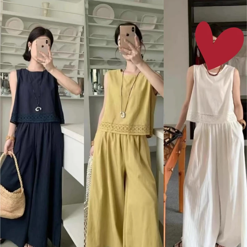 2025夏新款韩版时尚百搭显瘦蕾丝拼接背心+松紧腰阔腿裤两件套女