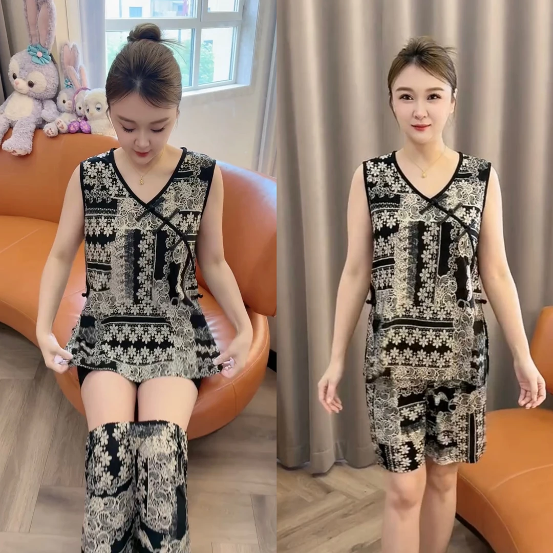 夏季薄款女士无袖短裤新中式国风透气舒适睡衣家居服套装洋气时尚