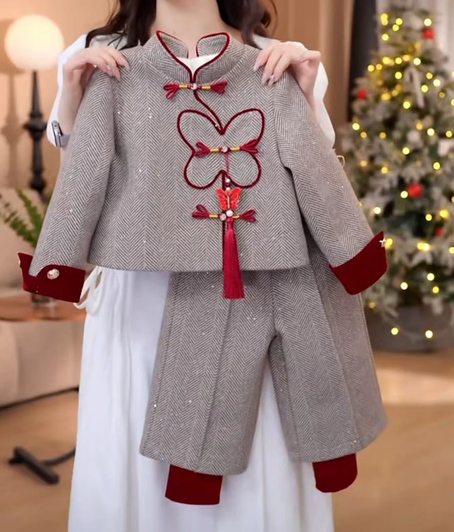 女童新中式毛呢套装冬装新款加绒加厚盘扣外套长裤新年宝宝两件套