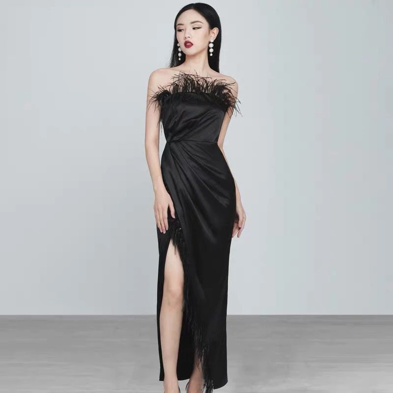 糖力2025春夏季新chic气质性感黑色裙子抹胸修身开衩长款连衣裙