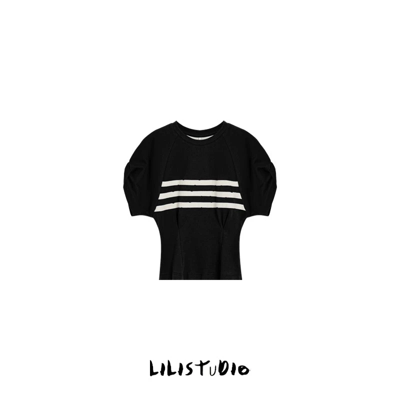 PCNY「幽影条纹」不理理夏季新款小众女装时尚收腰显瘦休闲圆领短袖