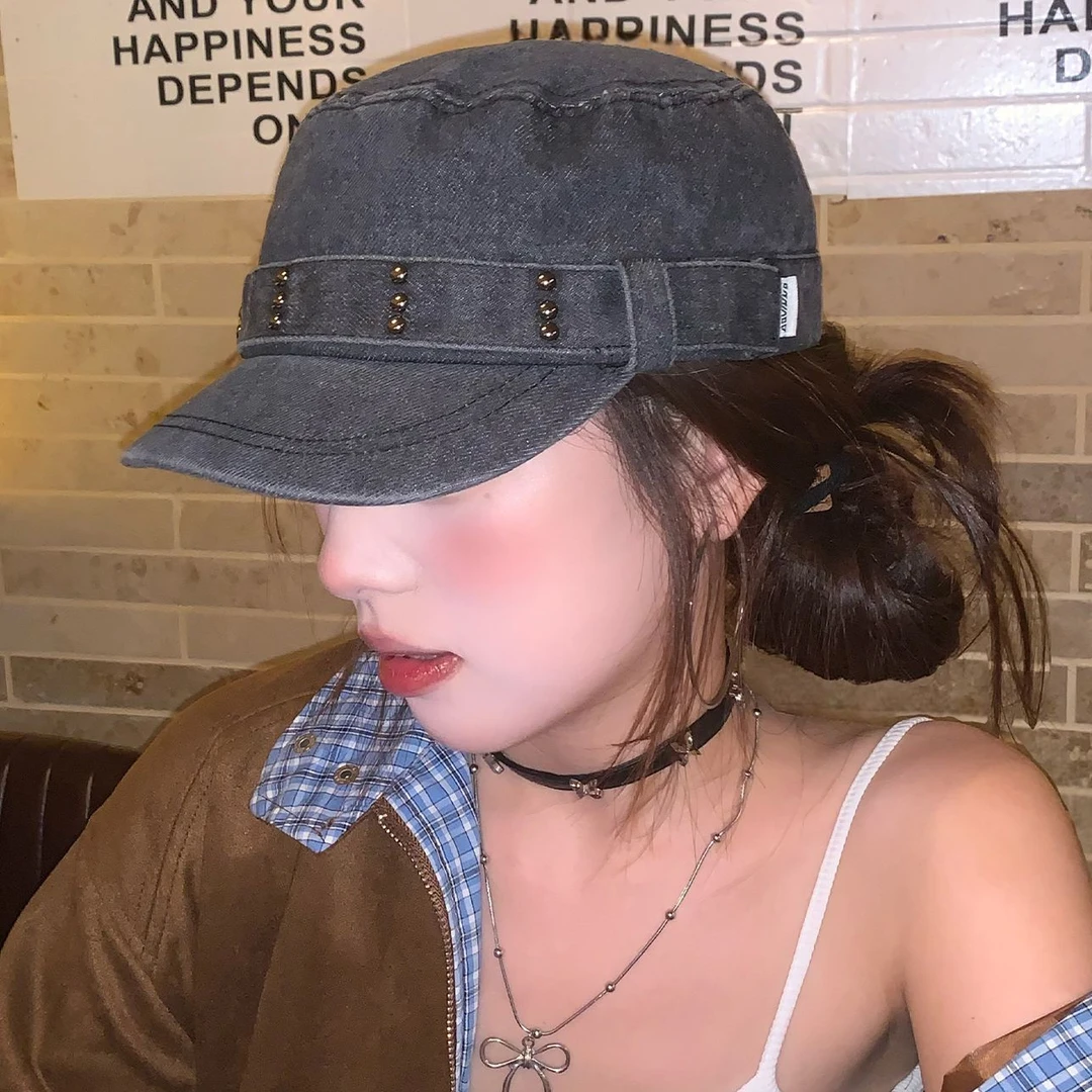 牛仔鸭舌帽女复古铆钉平顶帽大脸显脸小帽子