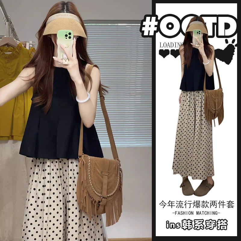 清纯气质学院风套装2025新款小个子气质黑色上衣高腰遮胯波点裙裤