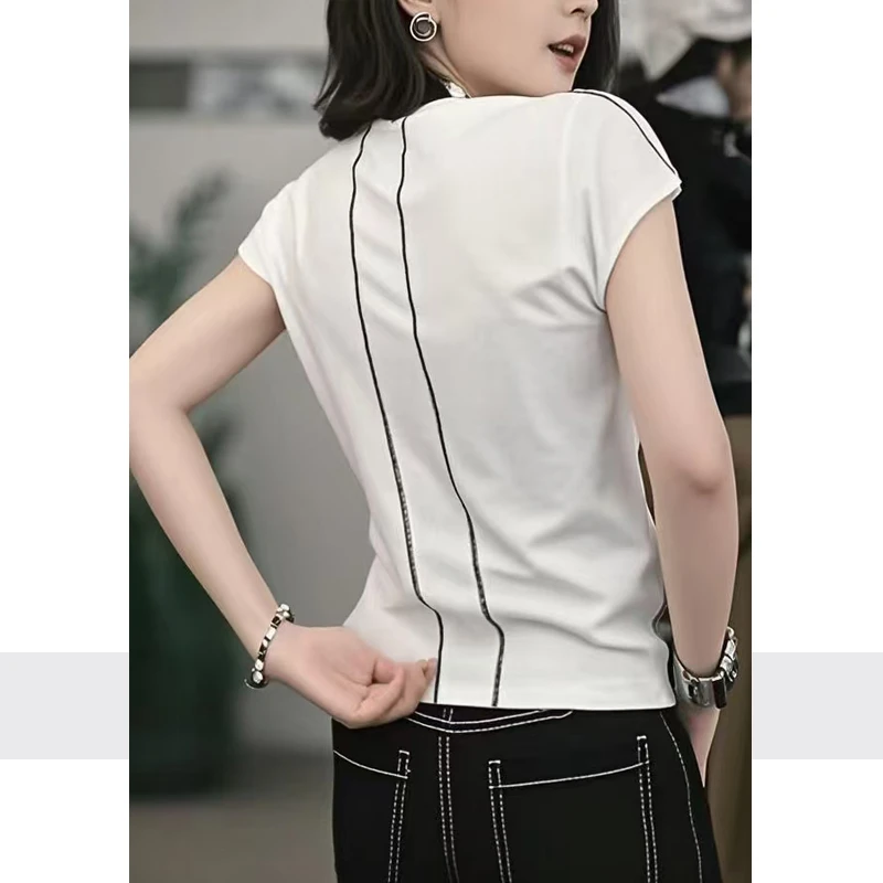 品牌25125进口女士设计时尚百搭气质衣服修身T恤纯色白色铜氨丝的