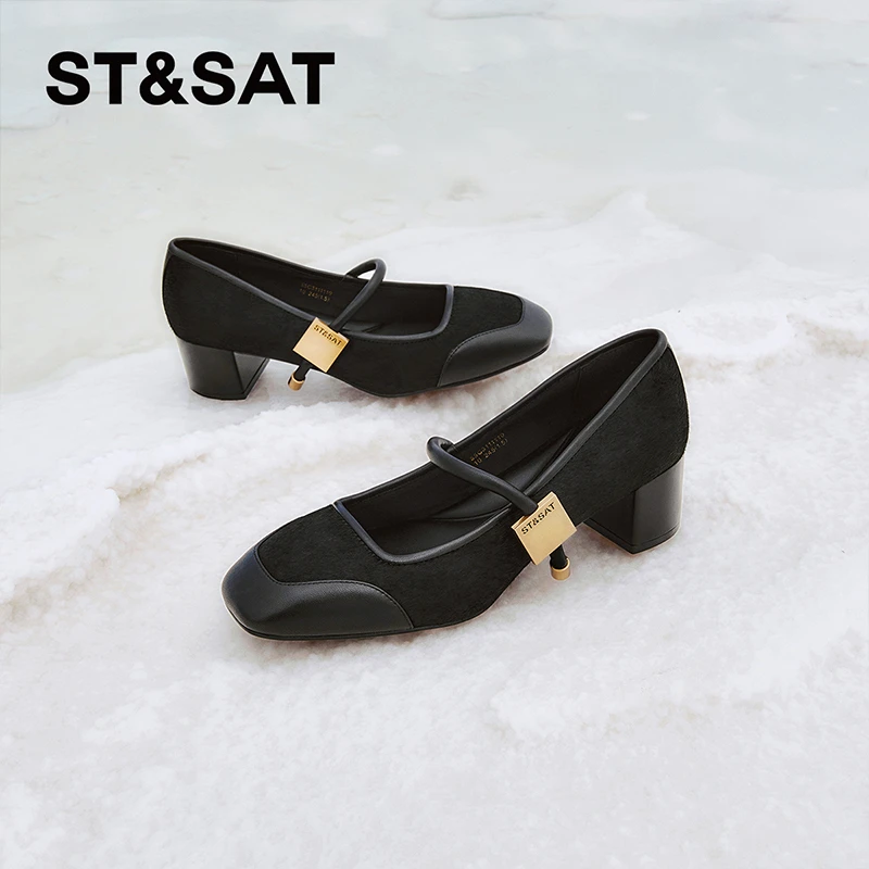 星期六复古时髦风拼接粗跟玛丽珍浅口单鞋【高低跟可选】SSC3111110