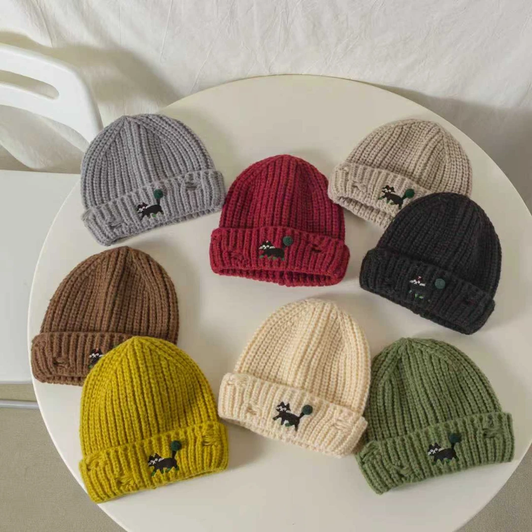 针织帽刺绣男帽子粉红女款毛线帽保暖冷帽男童时尚秋冬季百搭