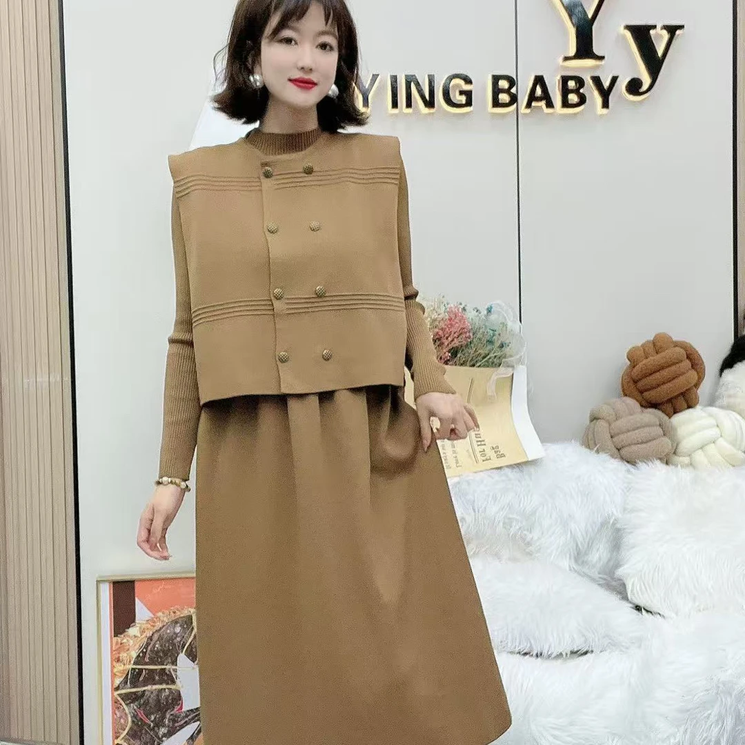 YY 大码(淑女风)秋冬新款显瘦针织马甲连衣裙套装女中长款气质