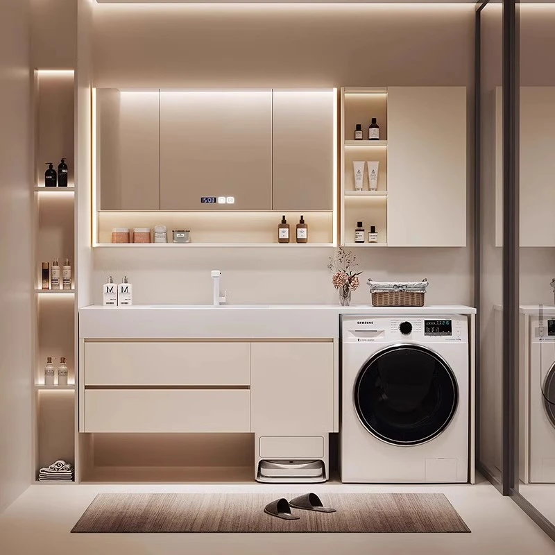 法式奶油风扫地机器人浴室柜一体盆洗衣机柜组合洗漱台洗手脸盆