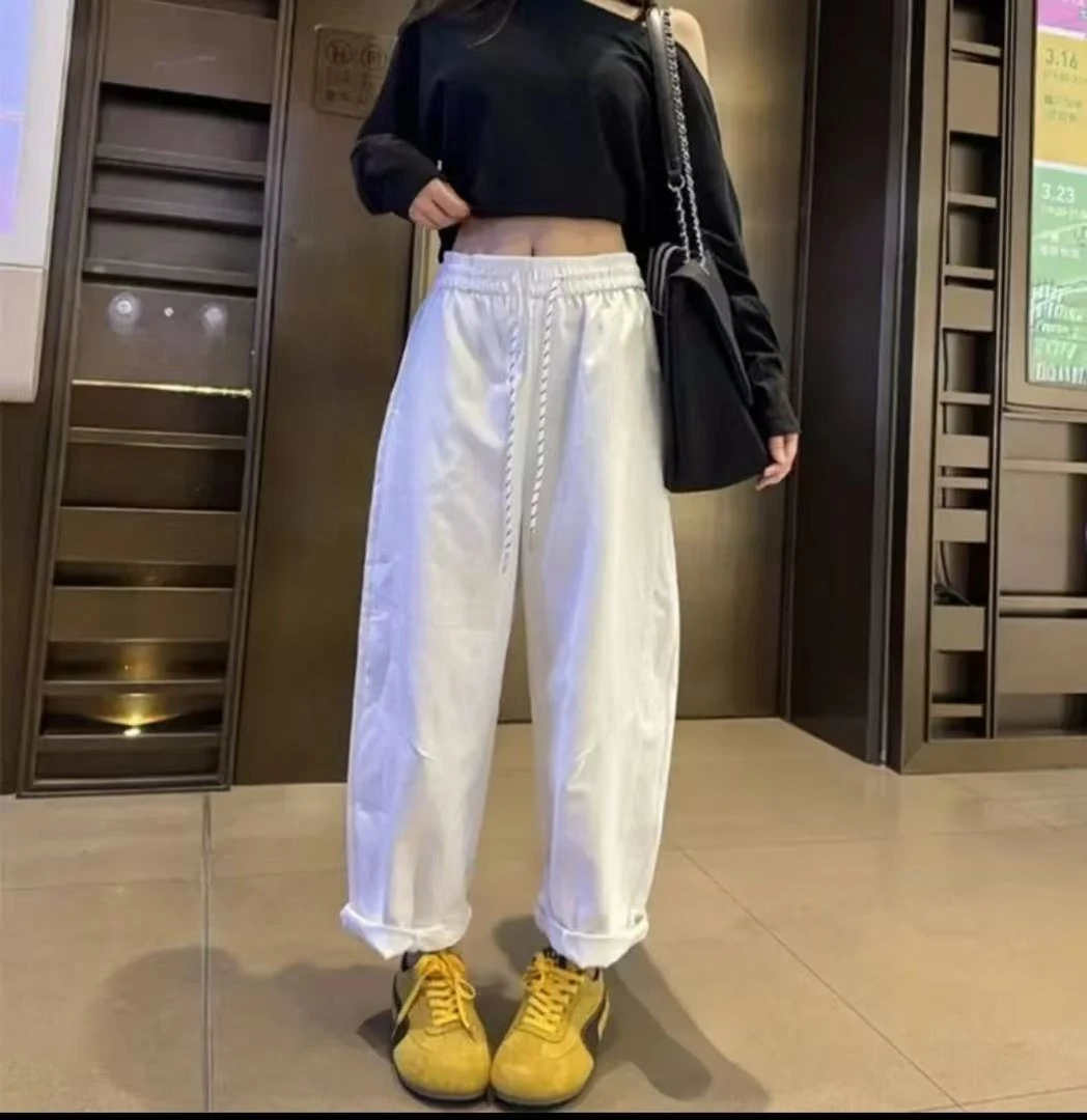 2025夏季松紧腰直筒休闲九分裤女纯色简约洋气高腰遮肉显瘦阔腿裤